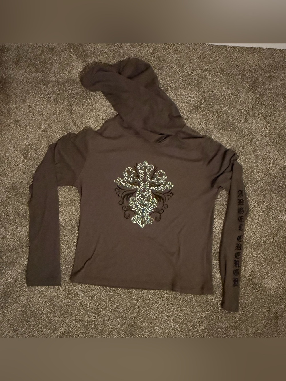 Orange Kiss Rhinestone Cross Hoodie Junior’s XL Hunter Green Cyber Grunge Angel